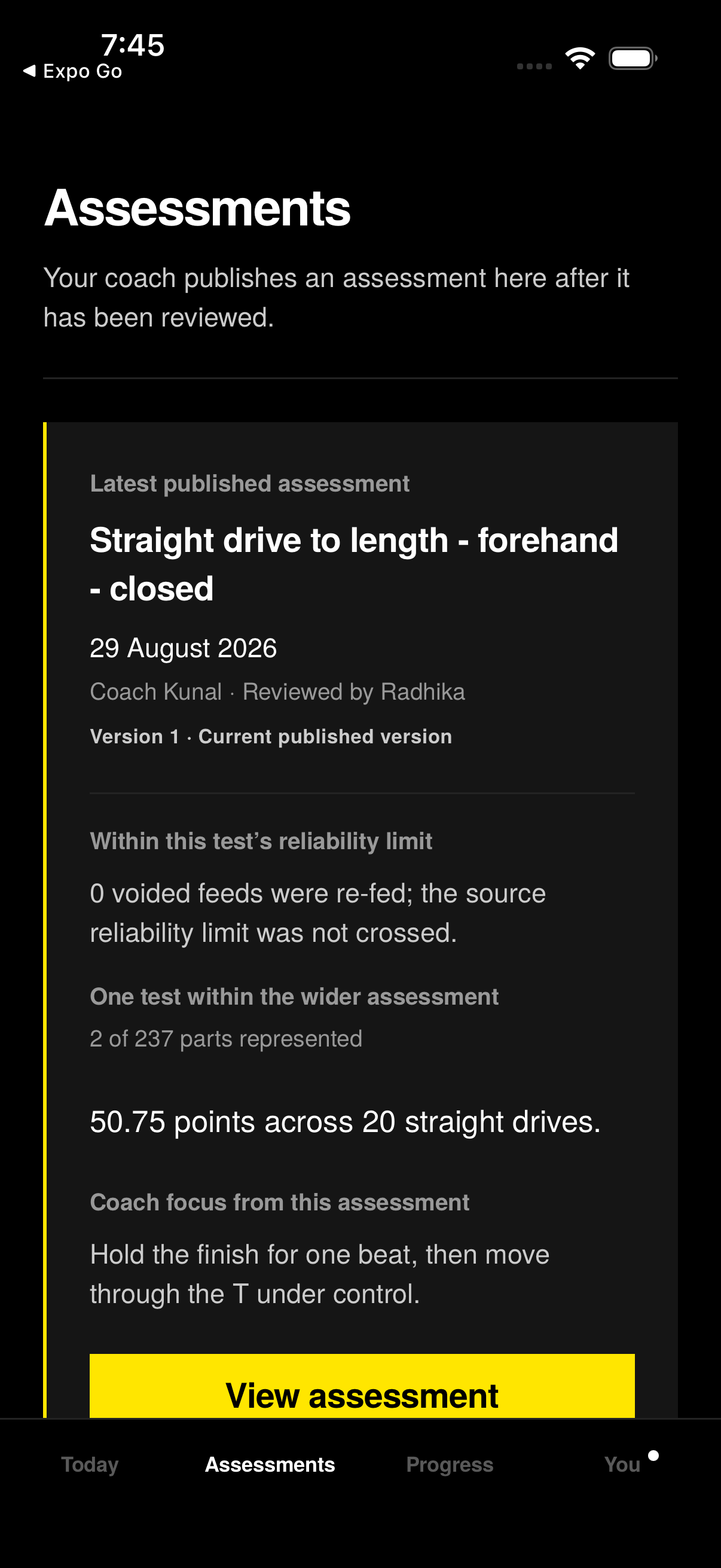 BAY athlete app showing a reviewed and published squash assessment